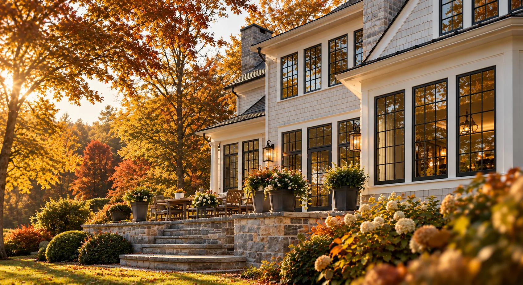 Shingle-style home with black Andersen windows glowing at dusk among fall foliage
